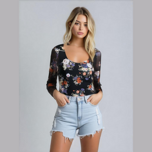 White Birch Floral Sheer Long Sleeve Bodysuit Small Y2K